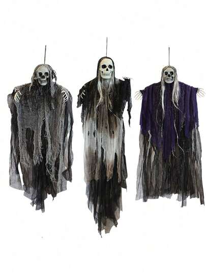 SHEIN 3 عبوات - هياكل عظمية معلقة بطول 53 بوصة، أشباح لديكورات هالوين الخارجية الأفضل، حصادي الموت لاستخدامها في الحديقة والفناء والحفلات، ديكورات مقبرة مناسبة