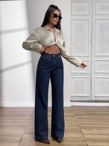 EURMUSE 高腰直筒牛仔裤 风格 休闲 - 中等水洗藍 - 查看 3