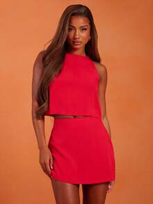 NYA SZN Matching Set (Top/Skirt) Top Tank Crop Cut Out Detail Skirt Mini Fitted Color Block Beach Basic Linen Sets For Women - Black - View 5