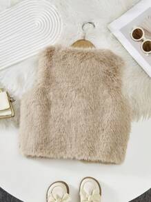 少女仿皮草优雅礼服背心外套，适合派对和各种场合，秋冬季 - 卡其色 - 查看 2