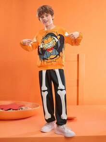 GARFIELD | SHEIN 青少年男孩可爱卡通万圣节图案圆领长袖针织宽松运动衫和裤子套装 - 彩色 - 查看 3