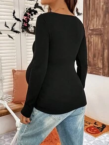 SHEIN Maternity Black Autumn Halloween Graphic Pumpkin Print Long Sleeve Crew Neck Casual Everyday T-Shirt,Jack O Lantern Pregnancy Costume Shirts For Women - Black - View 2