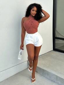 Alexandranx 女士纯色短款交叉吊带上衣 - 鏽棕色 - 查看 5