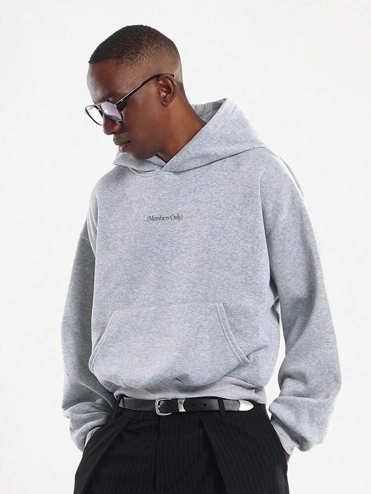 Grey Pullover Hoodie With Text Print And Centre Pocket