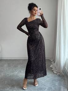 Elenzga Vestido casual y de moda con estampado de leopardo y cuello asimétrico para mujer