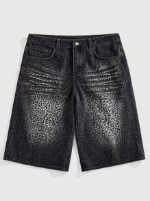 ROMWE MEN Street Life 男士宽松字母豹纹牛仔短裤 - 灰色 - 查看 2