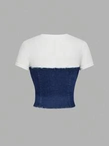 SHEIN MOD 女式休闲大码牛仔拼布圆领短袖上衣 - 深色水洗藍 - 查看 2