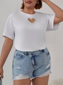 EURMUSE Plus Cottnline Rhinestone Heart Cutout T-Shirt - White - View 4
