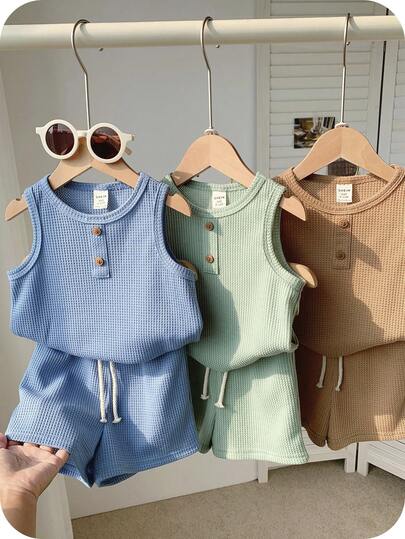SHEIN 6pcs Kids Boys Casual Sleeveless Crew Neck Top And Shorts 2 Pieces Sets,Summer,Family Matching Versatile For School,Garden,Beach,Birthday,Spring,Fall