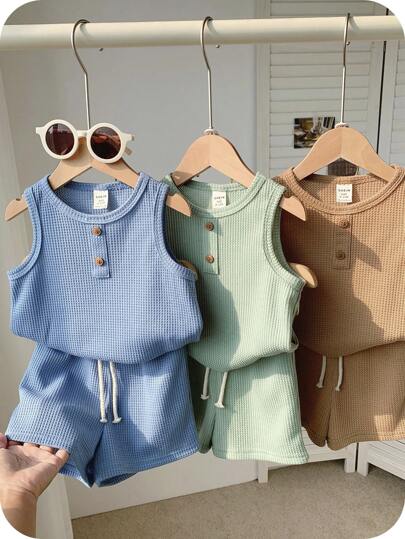 SHEIN 6pcs Kids Boys Casual Sleeveless Crew Neck Top And Shorts 2 Pieces Sets, Versatile For School, Garden, Beach, Birthday, Spring, Summer, Fall, Winter Seasons