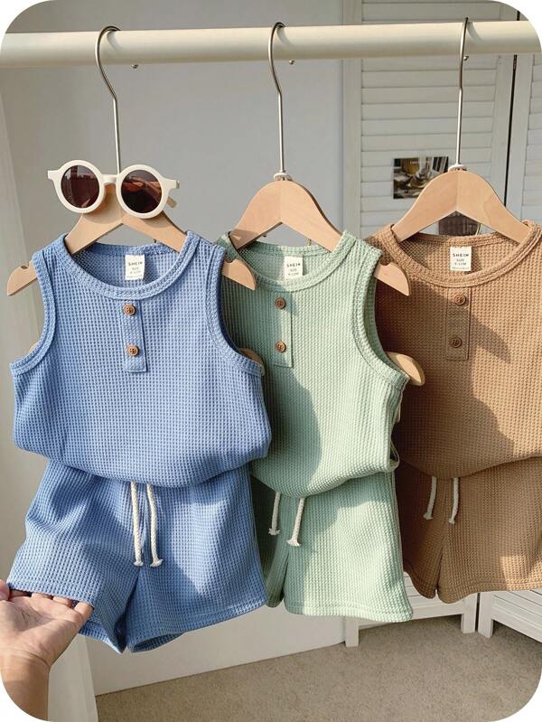 SHEIN 6pcs Kids Boys Casual Sleeveless Crew Neck Top And Shorts 2 Pieces Sets, Versatile For School, Garden, Beach, Birthday, Spring, Summer, Fall, Winter Seasons