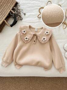 LMoss Kids LMoss 女童纯色彼得潘领3D立体花卉休闲卫衣，套头衫，秋季款，长袖上衣 - 杏色 - 查看 1