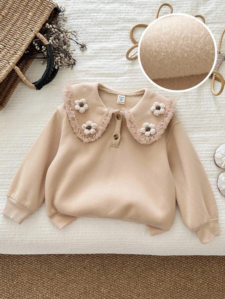 LMoss Kids LMoss 女童纯色彼得潘领3D立体花卉休闲卫衣，套头衫，秋季款，长袖上衣 - 杏色 - 查看 1