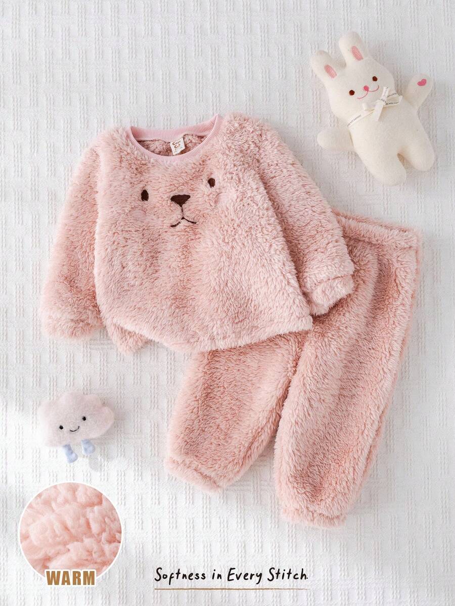 Cozy Pixies 2 件套女婴卡通猫咪图案针织柔软圆领长袖套头衫和松紧腰裤套装 - 粉色 - 查看 1