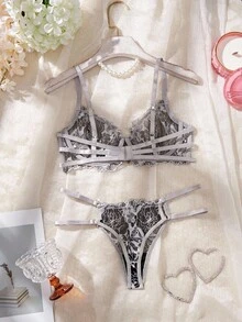 2pcs Women Spider Web Embroidery Lingerie Set, Halloween - Multicolor - View 2