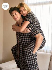 SHEIN 女士复古格子印花撞色边短袖和裤子睡衣套装，适合夏季和秋季 - 黑色 - 查看 9