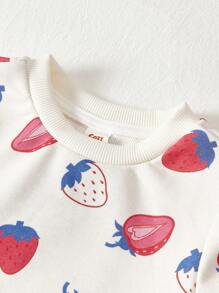 Cozy Pixies 2st Baby Girl Jordgubbsmönster stickad mjuk rund hals långärmad sweatshirt och byxor set