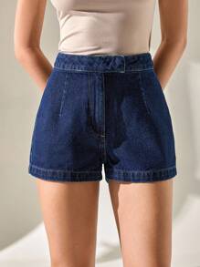 CLARA VERO WOMEN ELEGANT MID WAIST MINI DENIM SHORT WITH PLEAT DETAIL - Dark Wash - View 3