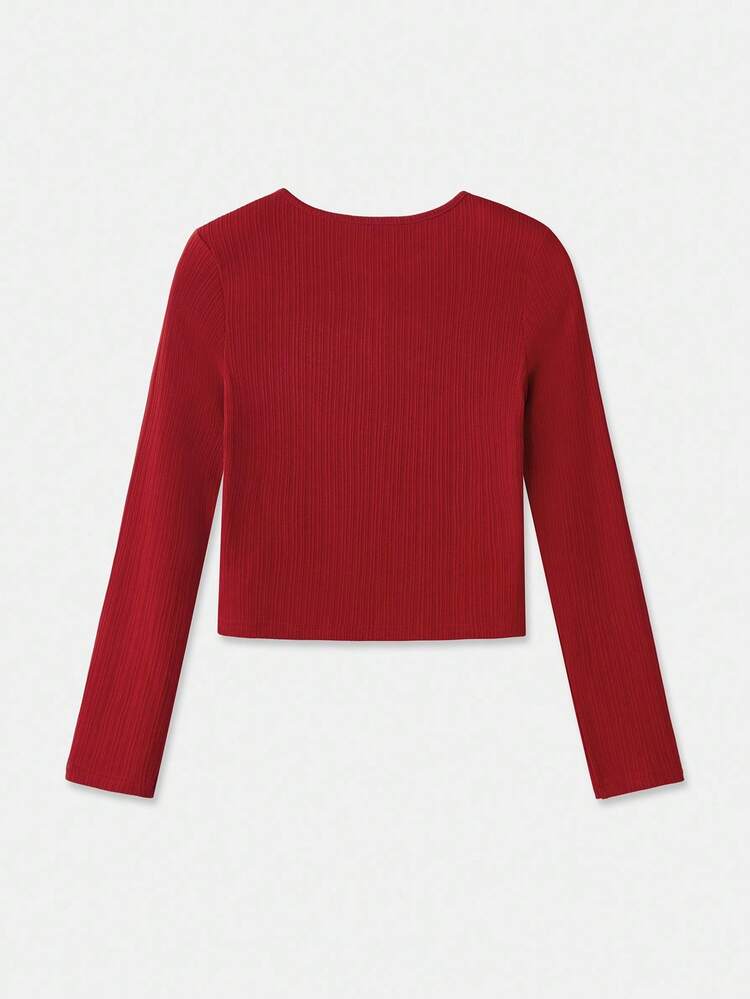 Red Fitted Long Sleeve Top With Mini Pink Satin Bows And Open Chest Detail Fall Women Clothes Top Spring Summer  New Year Top