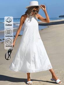 RueChic Tunic Dress With Eyelet Embroidery, Keyhole At The Back, Halterneck, Long Length - White - View 1
