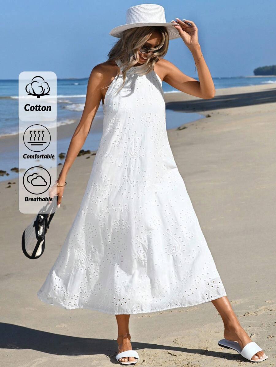 RueChic Tunic Dress With Eyelet Embroidery, Keyhole At The Back, Halterneck, Long Length - White - View 1