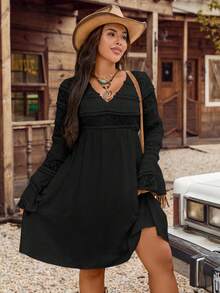 SHEIN LilyWest Plus Size Women's Elegant V-Neck Vacation Long Sleeve Lace Patchwork Comfortable Dress, Spring/Summer Fall Cloth For Women
