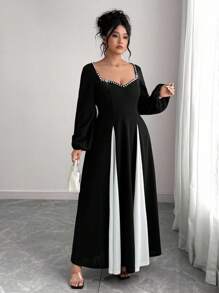 Elenzga Robe de fête en tricot de grande taille avec patchwork au col en forme de cœur perlé et ourlet, pour l'automne/hiver - Noir et Blanc - Voir 5