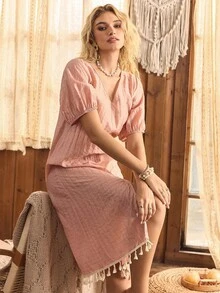 Lullawish Casual Bohemian Style Tassel Decor Women Vacation Dress - Coral Pink - View 5
