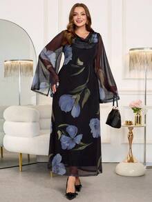 Gownix Plus Size Elegant Floral Print Fitted Black,Autumn,Elegant,Formal,Evening,Formal Maxi Dress,Long Sleeve Fall Winter Clothes For Women,Party - Multicolor - View 9