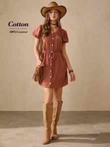 Wildy Women's 100 Percent Cotton Comfortable Casual Brick Red Button Front Short Dress Women's Elegant Jacquard Mini Dress, Summer Red DressWomen Brunch Dress Daisy Dress Women Back To School Night Out/Going Out Back To School Going Out Outfits Teacher Outfits Cream Dress Bubble Skirt - Redwood - View 2