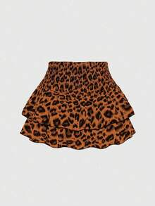 SHEIN Tall Fashionable Leopard Print Double Ruffle Hem Skirt For Tall Women, Spring/Summer - Brown - View 2