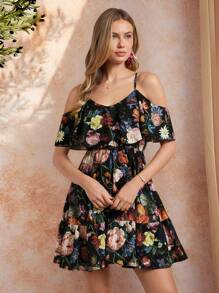 Amorya Clasi 女士花卉印花 V 领露肩吊带优雅休闲日常浪漫春夏连衣裙 - 彩色 - 查看 2