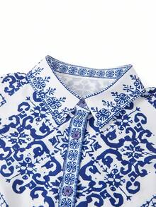 Ellevyn Women's Elegant Vintage Print Belted Shirt Dress