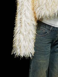 SHEIN ICON Women's Faux Fur Cropped Jacket In Pale Yellow, Fashionable, Sexy, Minimalist, Cute, Retro Style For Autumn/Winter Faux Fur Coat Faux Fur Jacket Cropped Fur Jacket Shrug Halloween Party - Yellow - View 10