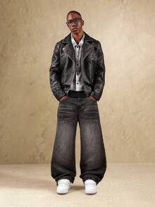 Pantalones anchos de mezclilla arrugada SUMWON, de corte holgado y relajado, con estilo callejero de moda de otoño e invierno, con textura y patrón únicos - Negro - Ver 3