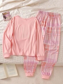 2pcs/Set Teen GirlCute Bear Print Sweatshirt And Plaid Pants Pajama Set, Comfortable And Fashionable
