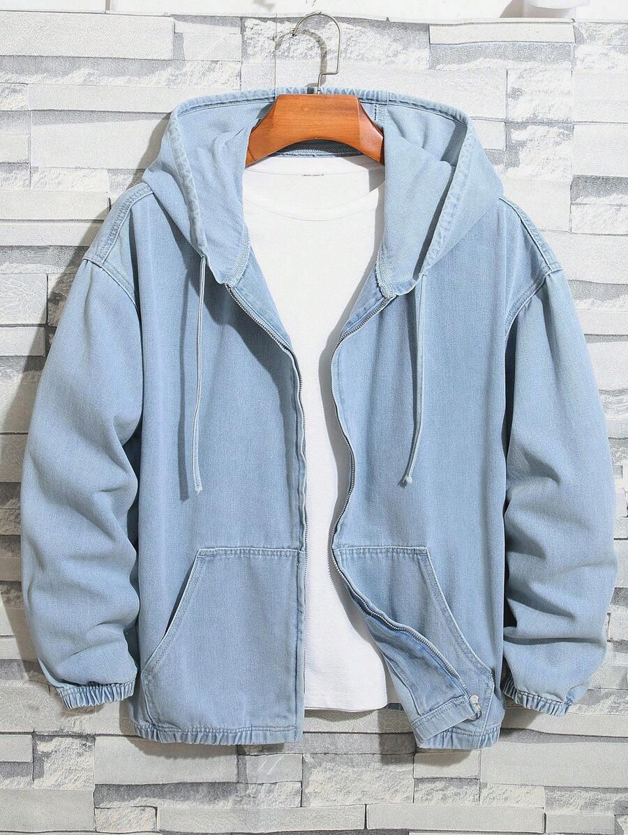 Manfinity Homme 男士宽松街头风格牛仔连帽夹克 - 淺色水洗藍 - 查看 1
