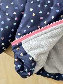 SHEIN 女婴心形印花连帽拉链保暖棉服外套，冬季 - 藍色 - 查看 5