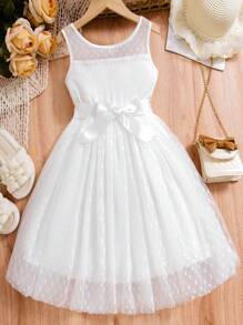 Tween Girls' Sweet White Mesh Dress With Heart Print For Summer - White - View 2