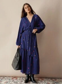 Florisole 女式秋季花卉刺绣装饰纽扣休闲连衣裙，秋季服装 - 藍色 - 查看 7