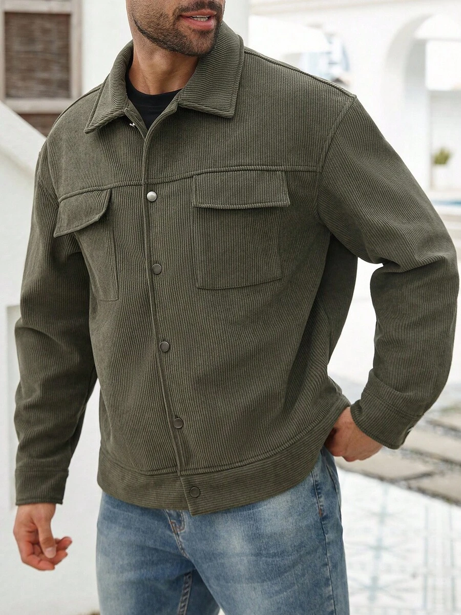 Manfinity Homme Plus Size Men's Solid Color Long Sleeve Single-Breasted Corduroy Casual Versatile Jacket, Fall/Winter - Army Green - View 1