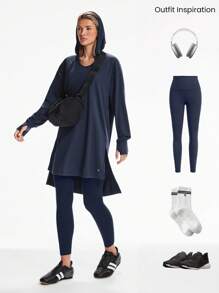 GLOWMODE Cloudknit 柔软超大臀长可调节抽绳长袖运动衫，带拇指孔，日常休闲秋季 - Dark Blue - 查看 6