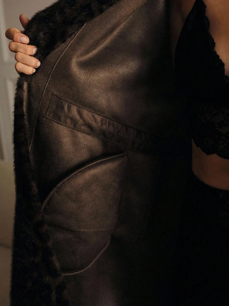 LEOPARD PRINT BELT WAIST LONG SLEEVE ELEGANT FAUX FUR COAT, AUTUMN/WINTER