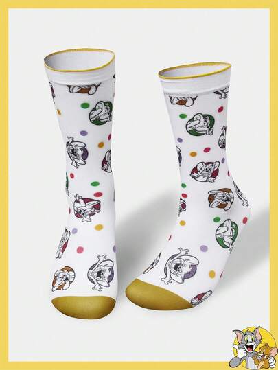 TOM & JERRY X SHEIN Tất họa tiết chấm bi và chuột hoạt hình mềm mại thoải mái cho nữ