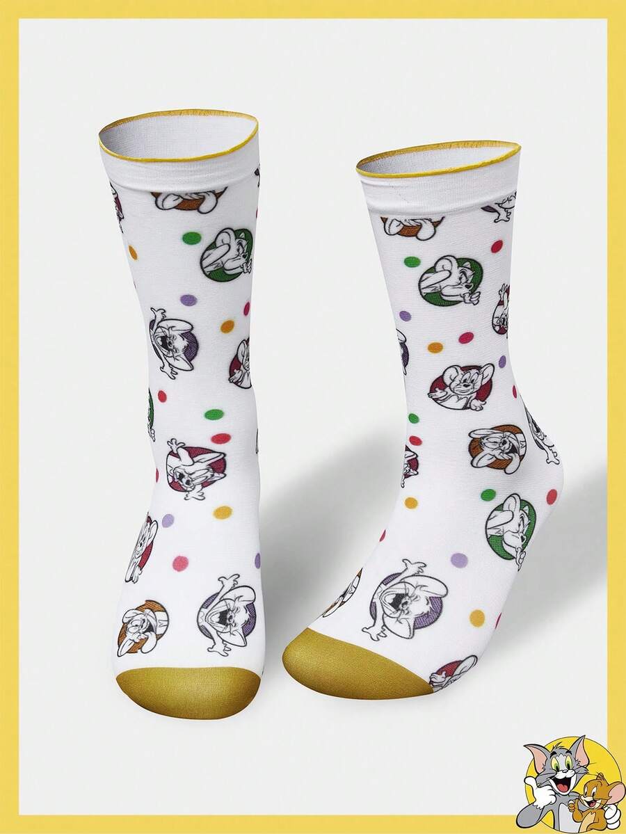 TOM & JERRY X SHEIN Women's Comfortable Soft Polka Dot & Cartoon Mouse Pattern Socks - Multicolor - View 1