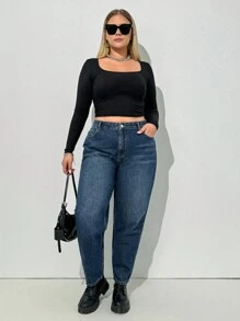 EURMUSE Plus High Waist Mom Fit Jeans - Dark Wash - View 4