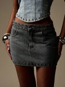 MISSGUIDED Studded Denim Mini Skirt High Waist Punk Rock Style Festival Fashion Metal Rivets Embellished Street Wear Party Club Night Out Casual Wear Retro Look Skirt - Grey - View 1