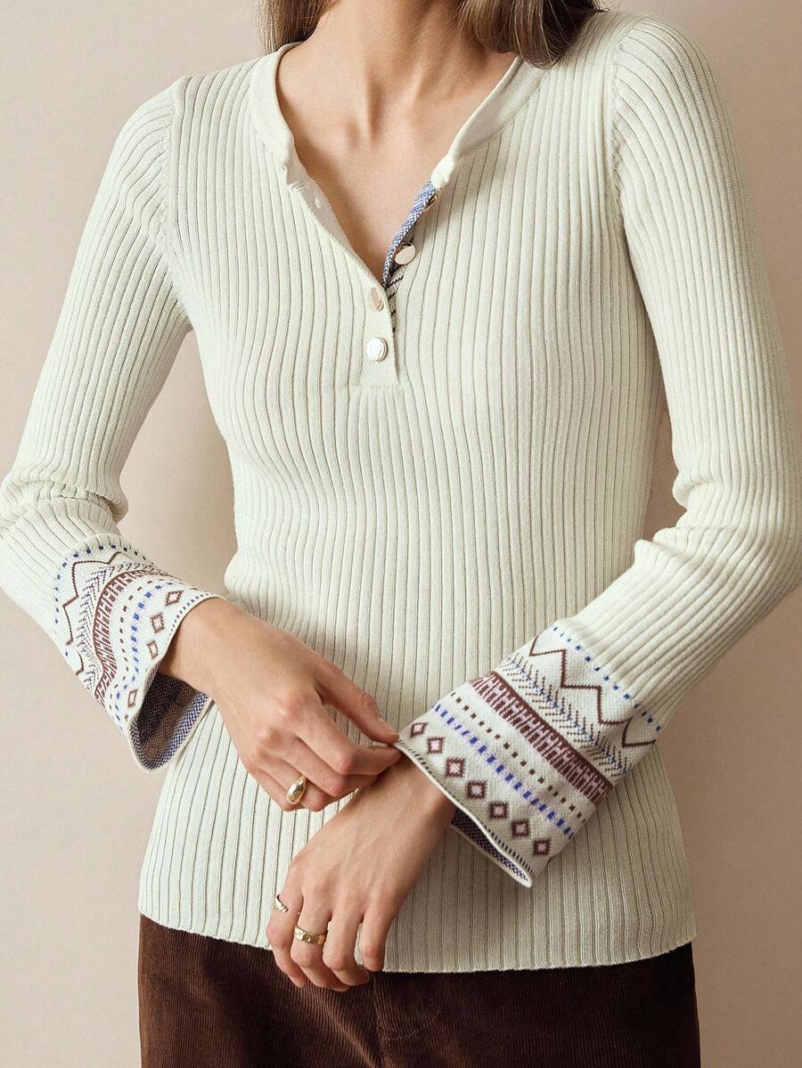 Florisole Women's Buttoned Knit Top, Autumn/Winter Bohemian Fair Isle Pattern Slim Fit Pullover Sweater, Bohemian Style - Apricot - View 1