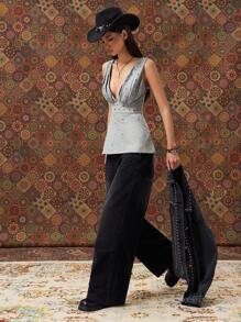 Easelle Sweet And Cool Sexy Hooded Perforated Bodycon Ruffle Hem Grey Women Tank Top Deep V-Shaped Corns, Waist Cinching A Pose - Grey - View 7