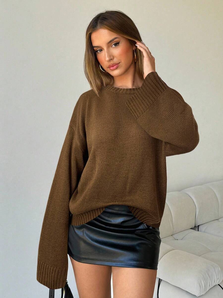 Aloruh Women's Casual Versatile Solid Color V-Neck Loose Knit Sweater In Fall/Winter,Brown Sweater - Brown - View 1